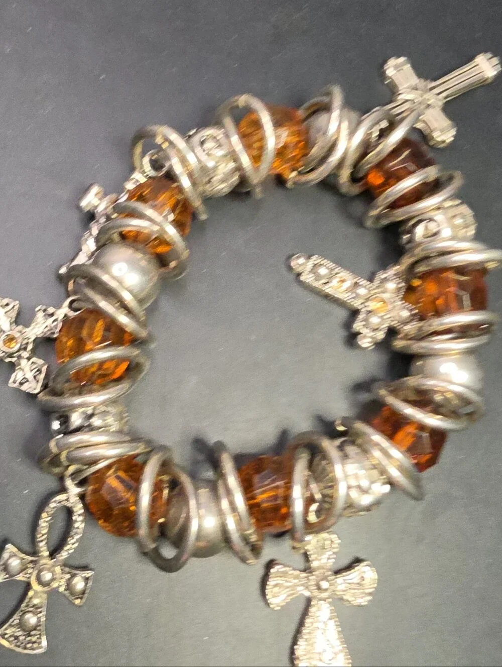 Amber Glass Bead Cross Charm Stretch Bracelet - Women Jewelry